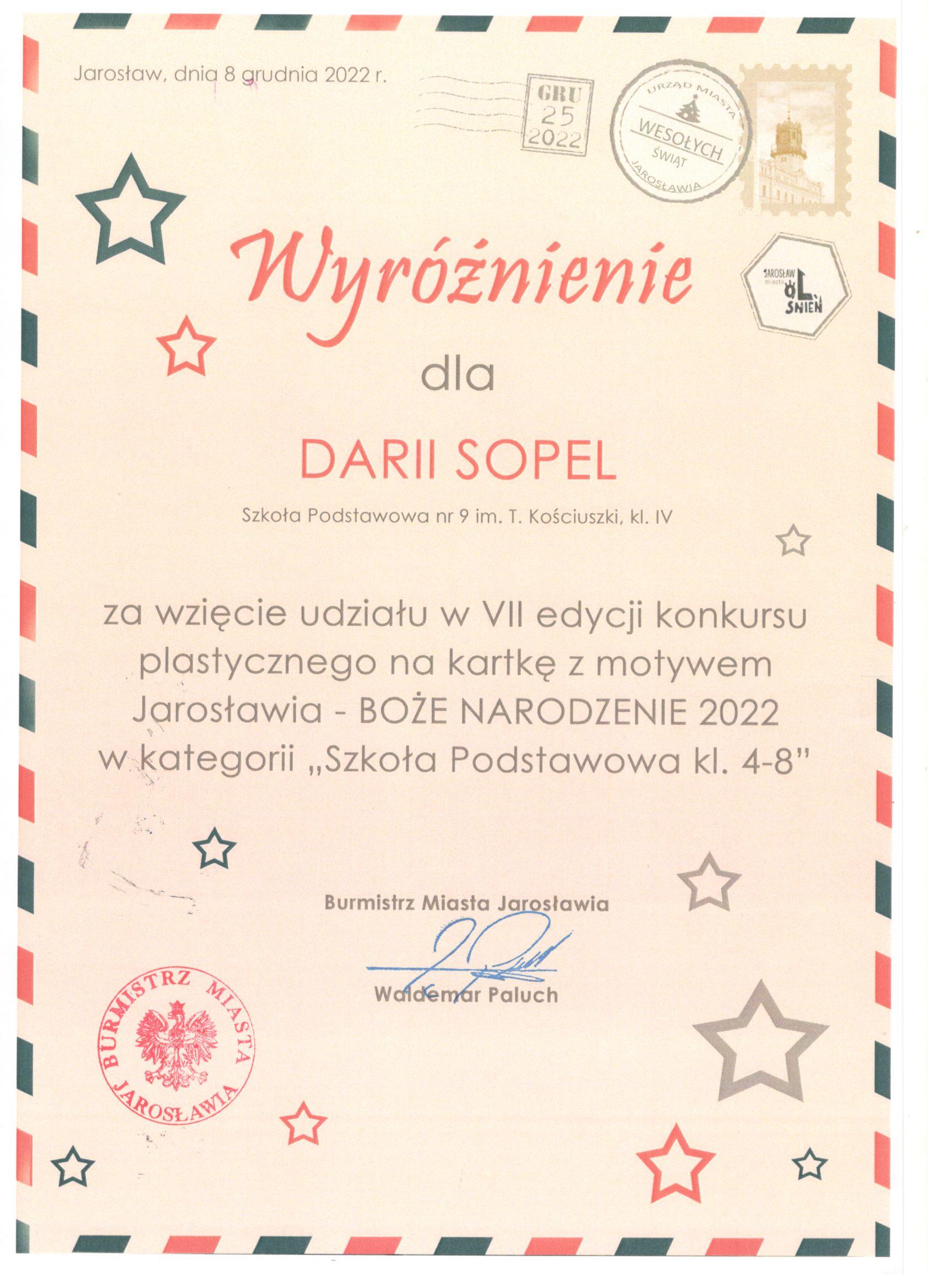 W VII edycji konkursu na kartkę świąteczną z motywem Jarosławia – Boże Narodzenie 2022 uczestniczyli uczniowie naszej szkoły
