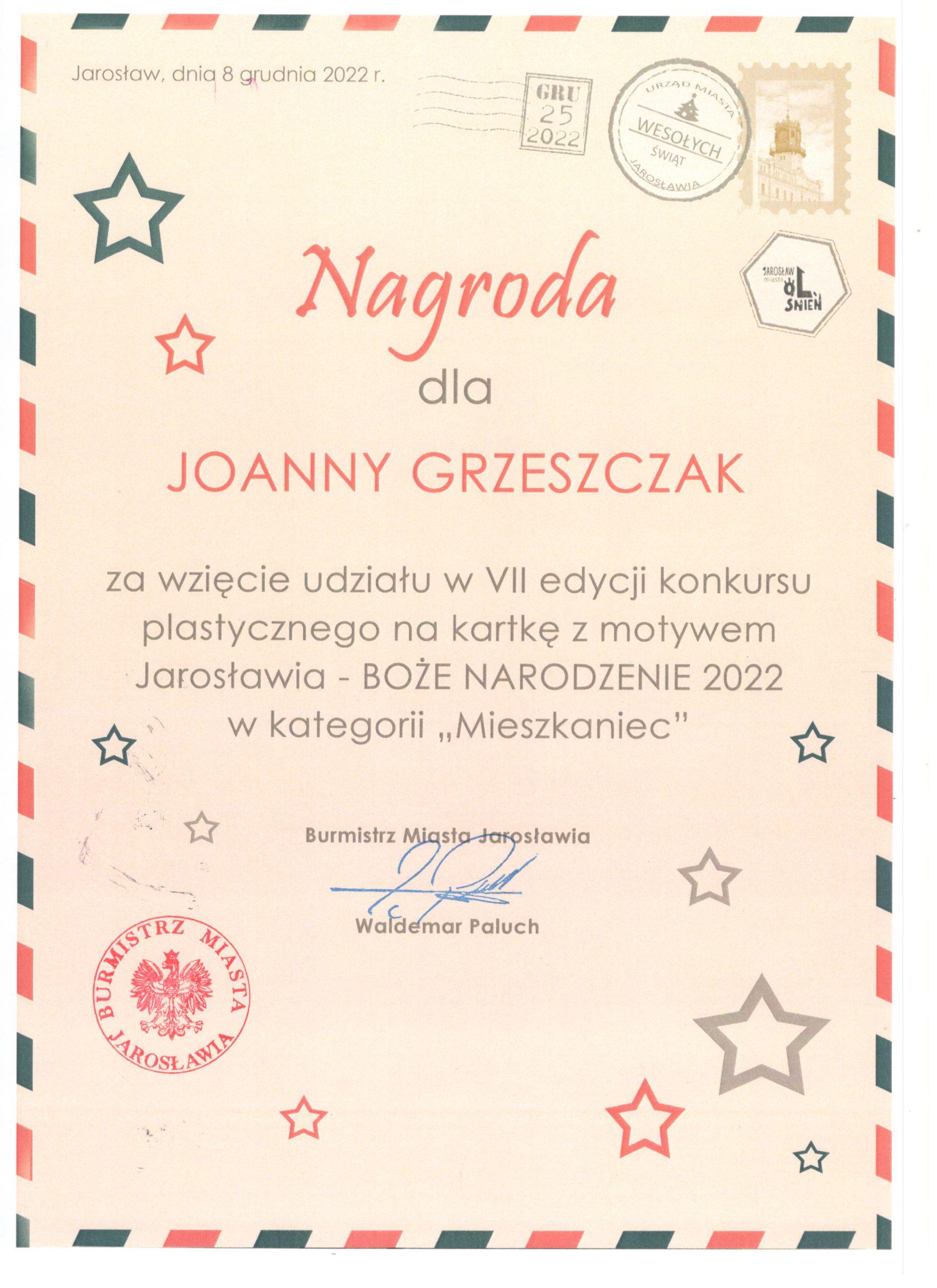 W VII edycji konkursu na kartkę świąteczną z motywem Jarosławia – Boże Narodzenie 2022 uczestniczyli też pracownicy naszej szkoły